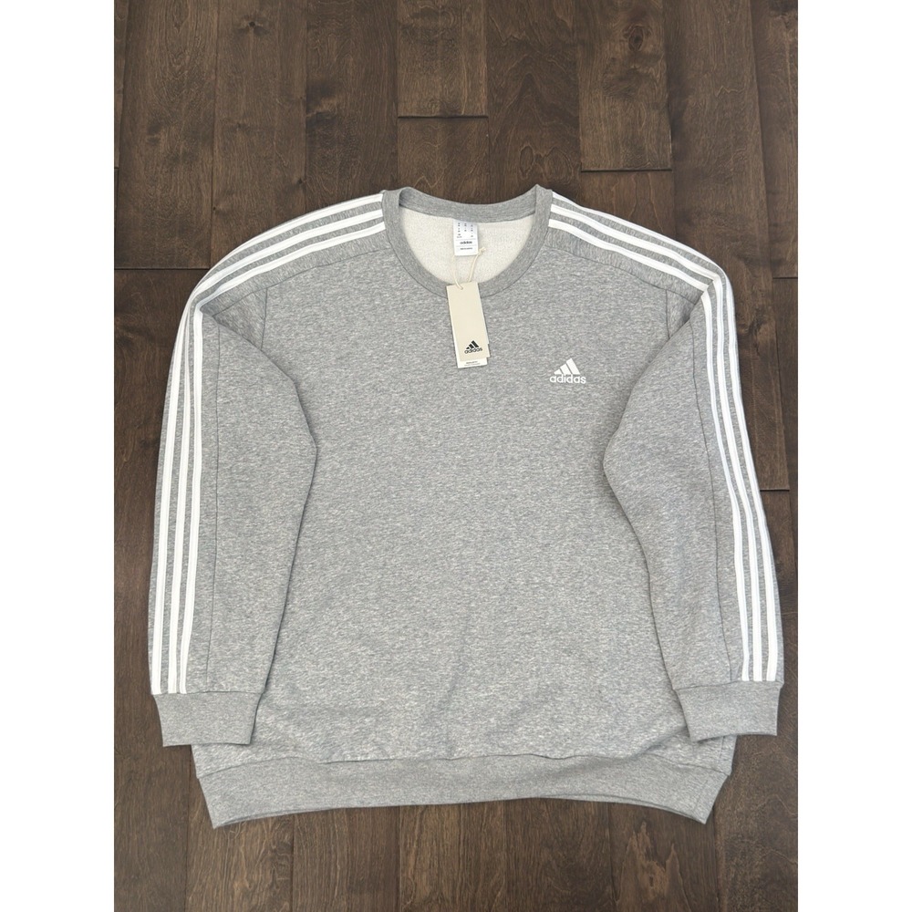 NWT Adidas Mens Heather Grey Crew Neck Sweatshirt Size 2XL Three Stripe Logo